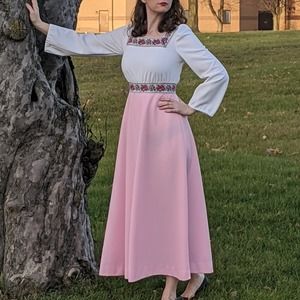 Vintage Vicky Vaughn Pink Long Sleeve Maxi Cottagecore Dress S